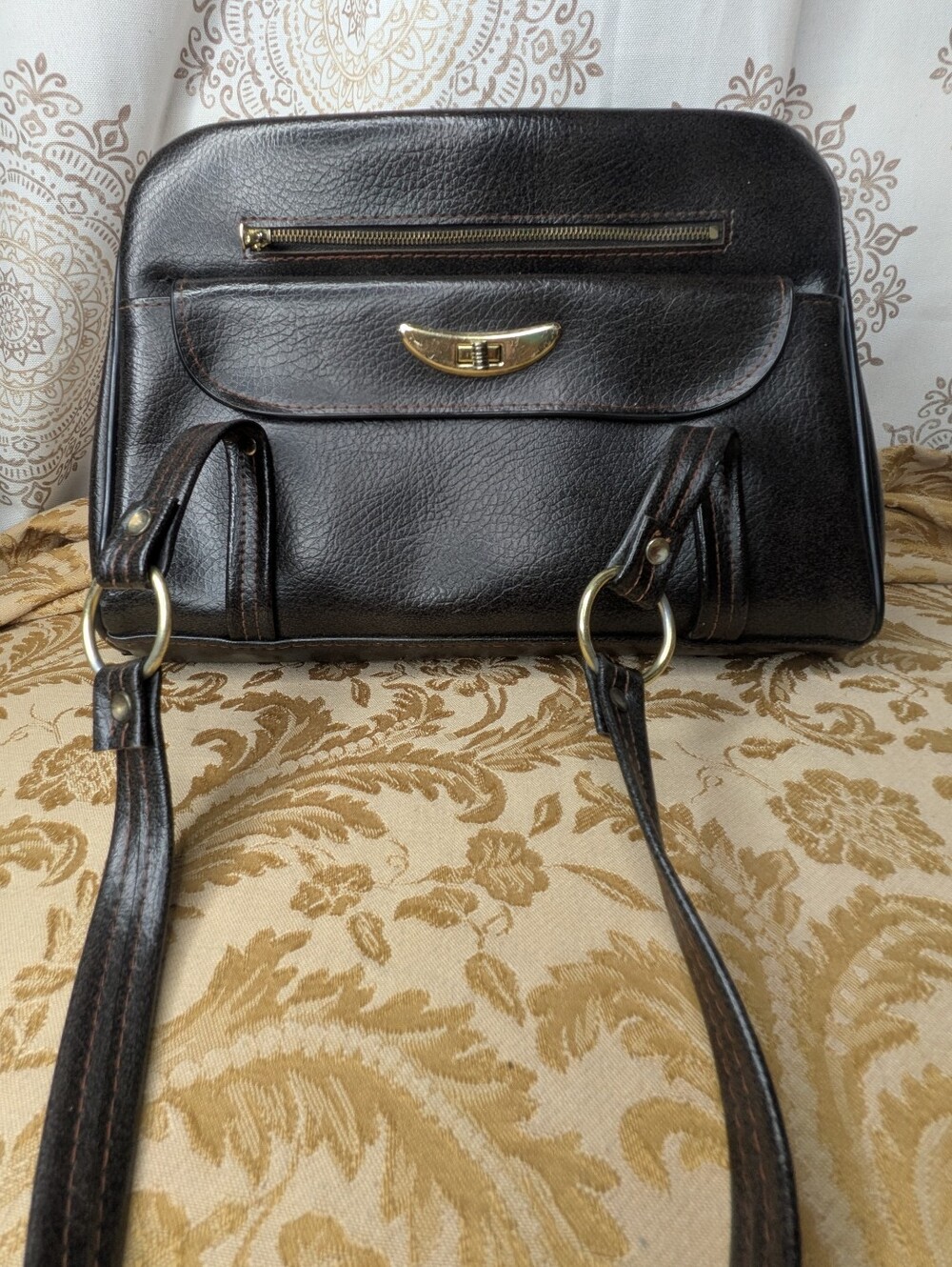 Vtg 80s Simon Ernest Blum Dark Brown Leather Buckle Zip 2 Compartment Purse Bag